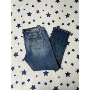 Express ReRock Capri Jeans Women's Size 12 Blue Stretch Denim Embroidered